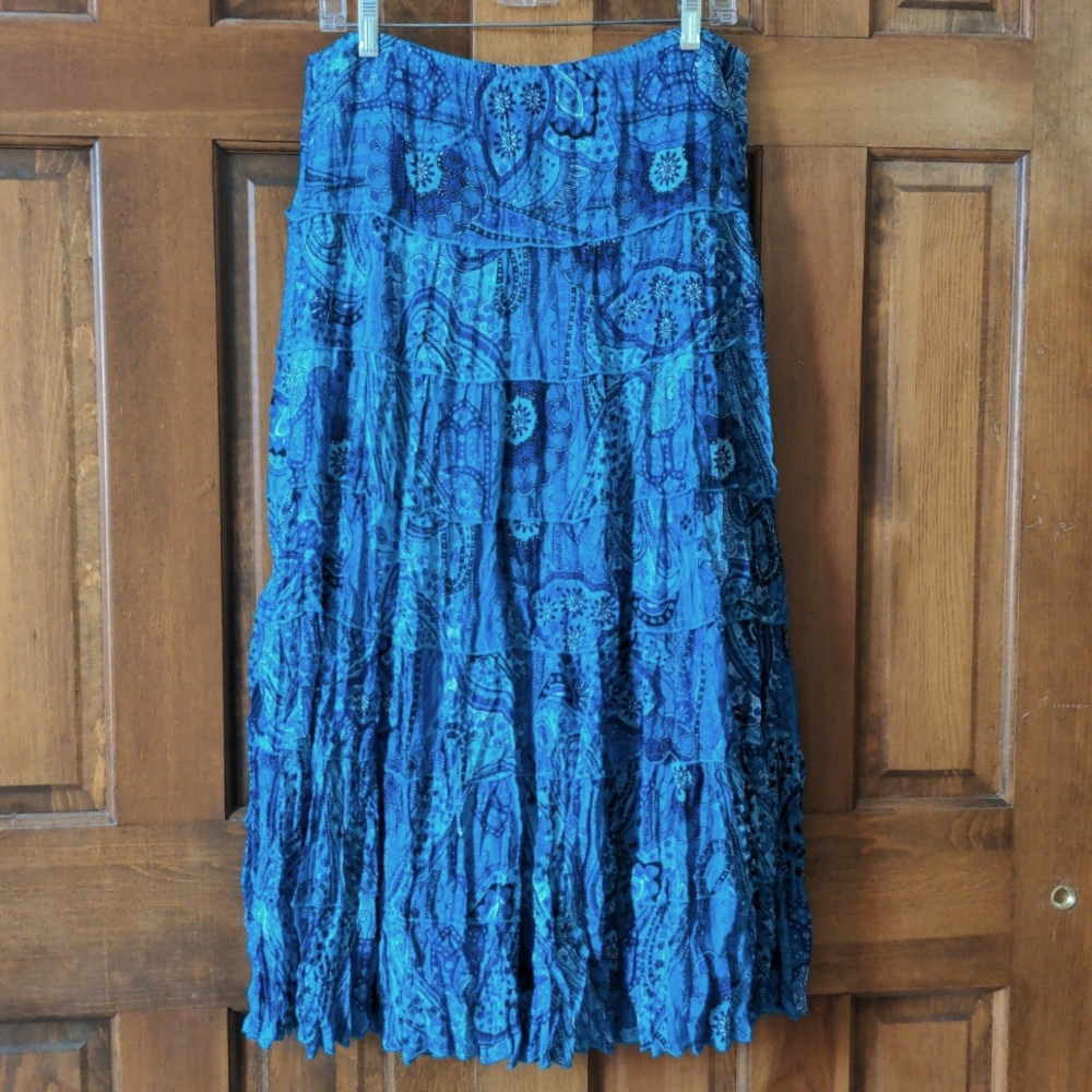 Rene Margo Vintage Blue Boho Ruffled Maxi Skirt